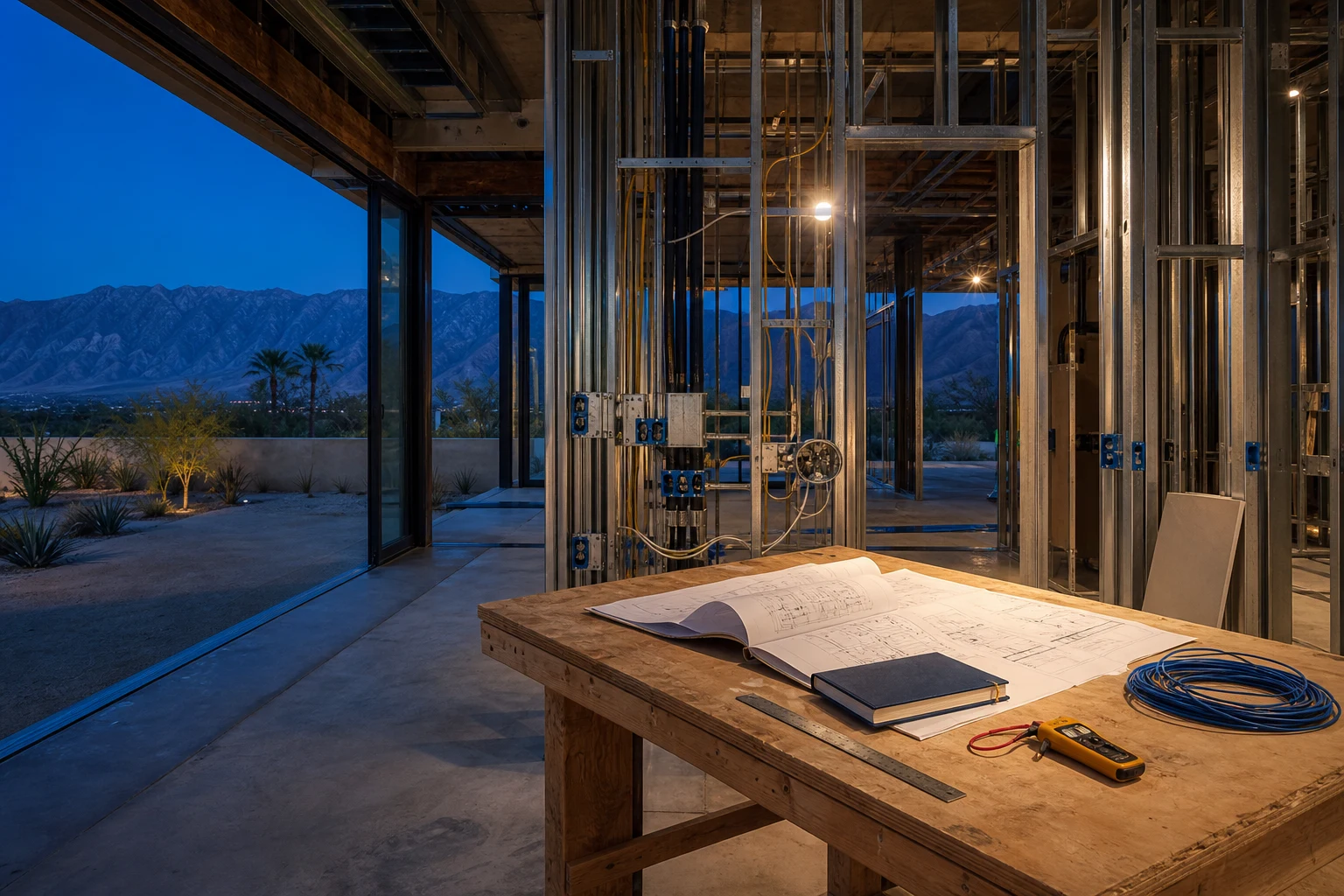 Electrical plans and tools inside a desert home under construction