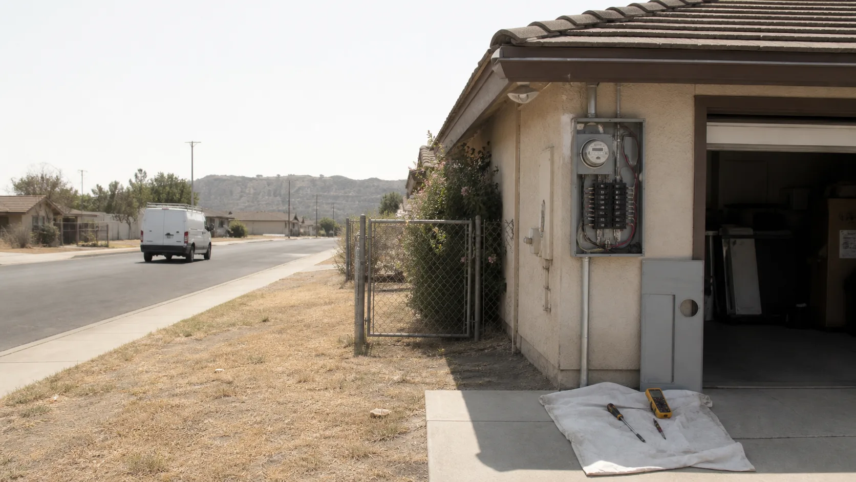 Cathedral City tract house in hard midday sun with an open meter panel and diagnostic tools beside the garage