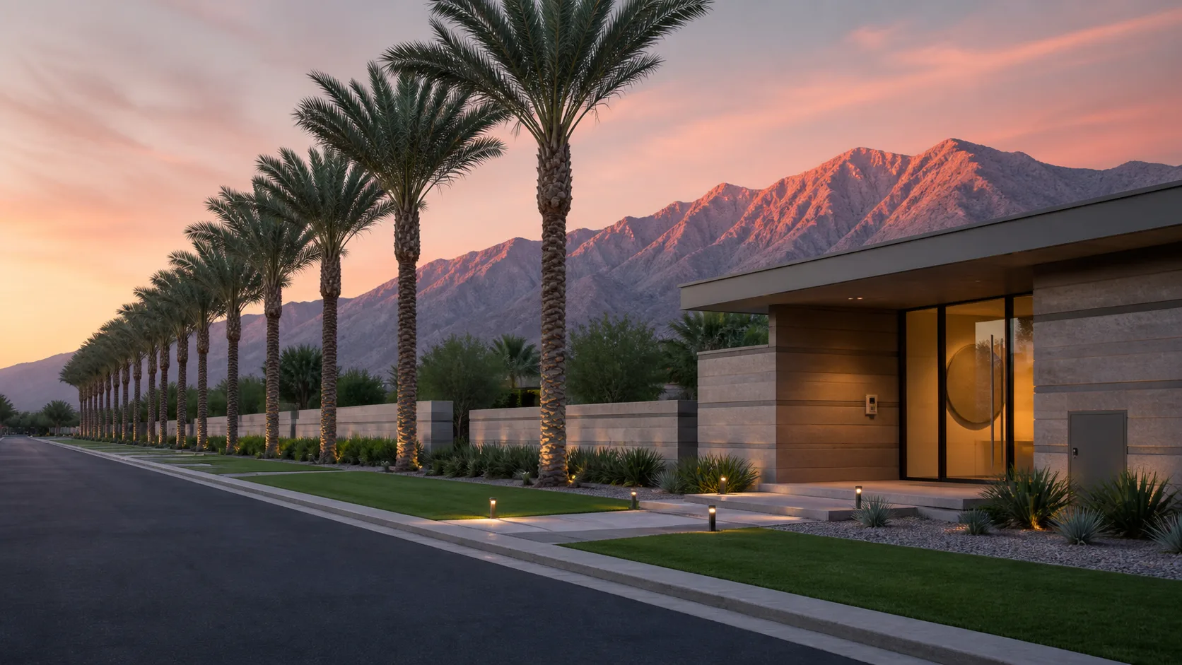 Indian Wells boulevard at sunrise with ranked date palms, pink-lit mountains, and a contemporary residence