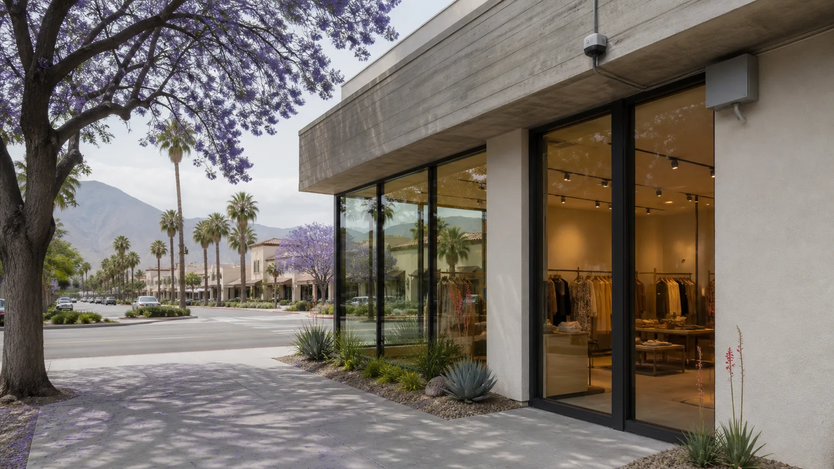 Palm Desert retail storefront under jacaranda shade with warm display lighting visible through the glass