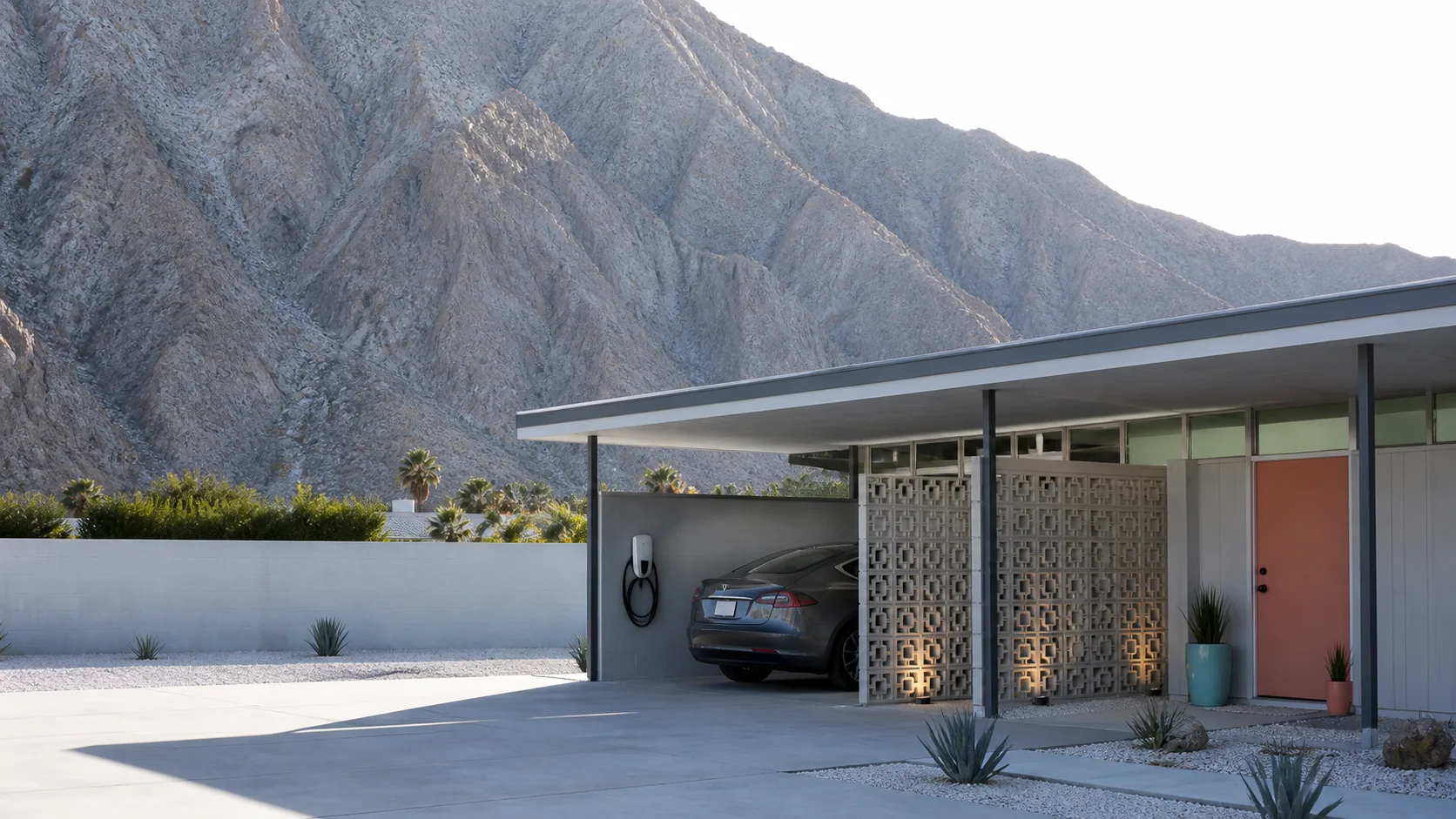 Restored Palm Springs mid-century home in late-afternoon mountain shade with a wall-mounted EV charger and parked sedan