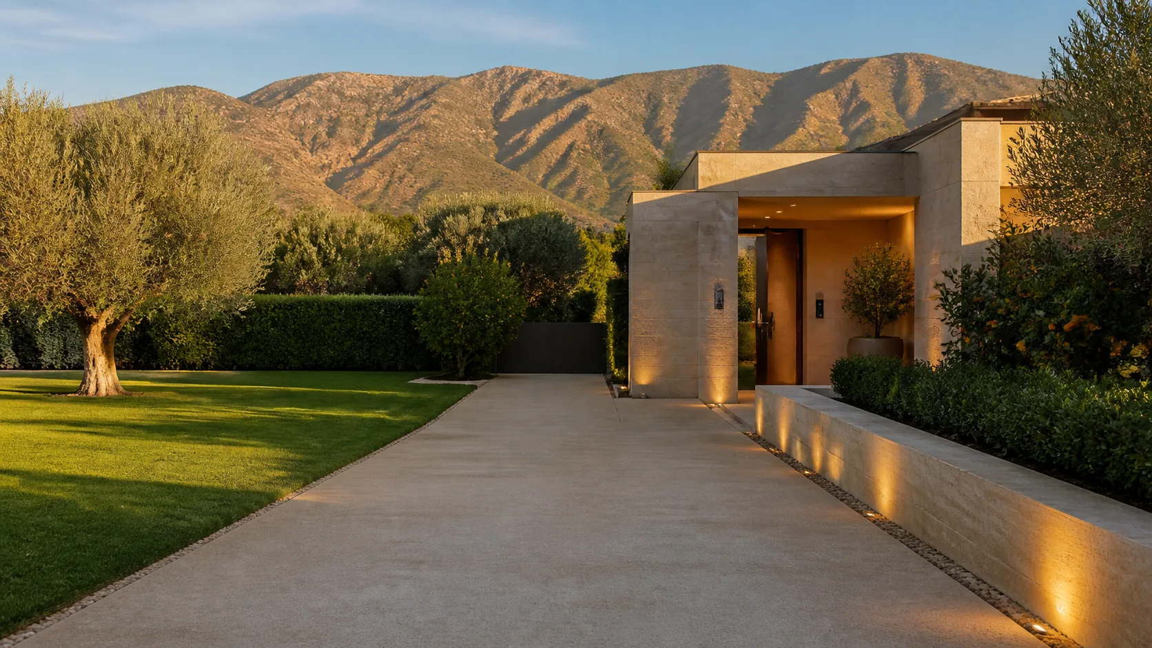 Rancho Mirage desert-modern entry in golden-hour sun with olive trees, green lawn, and architectural lighting