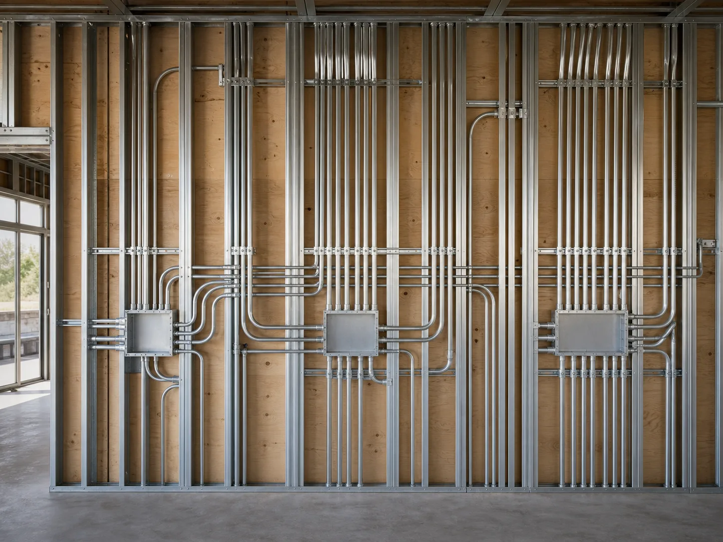 Neatly arranged electrical conduit inside a framed commercial wall