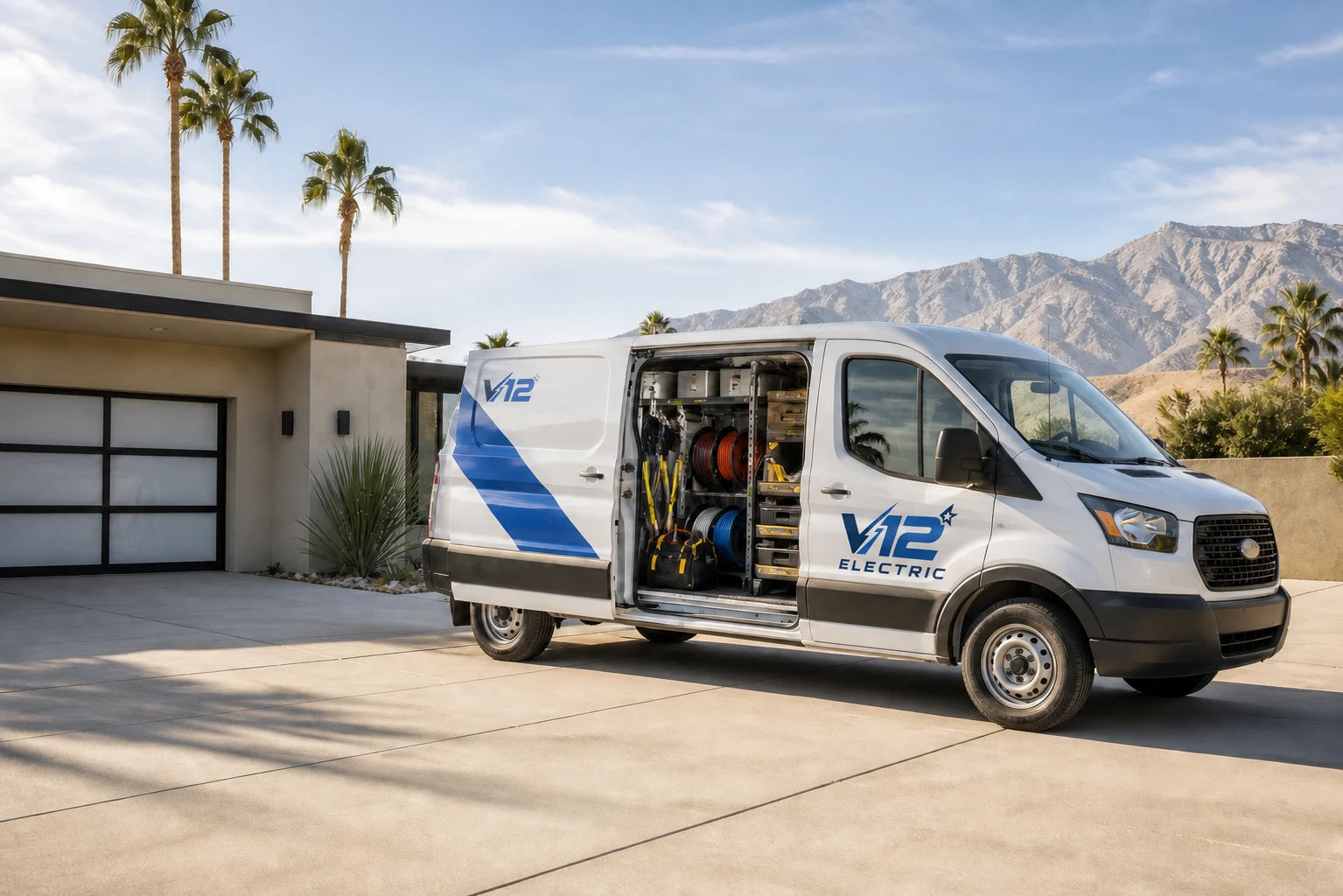 V12 Electric service van ready for an appointment in the Coachella Valley