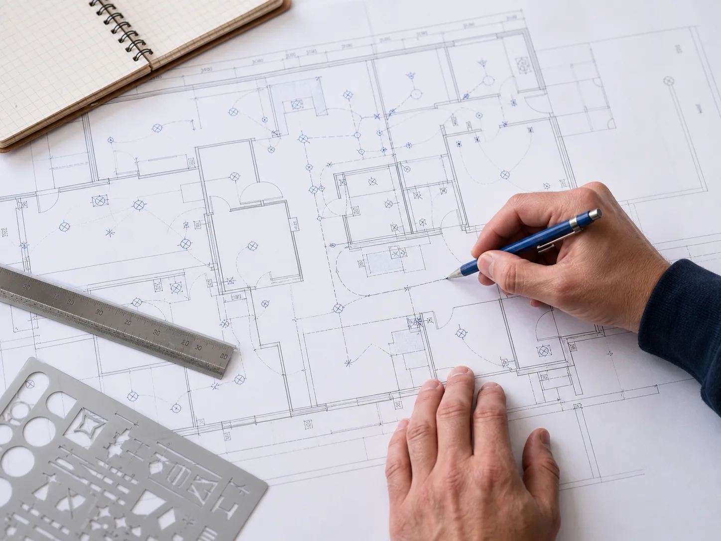 Electrical design being marked on an architectural plan