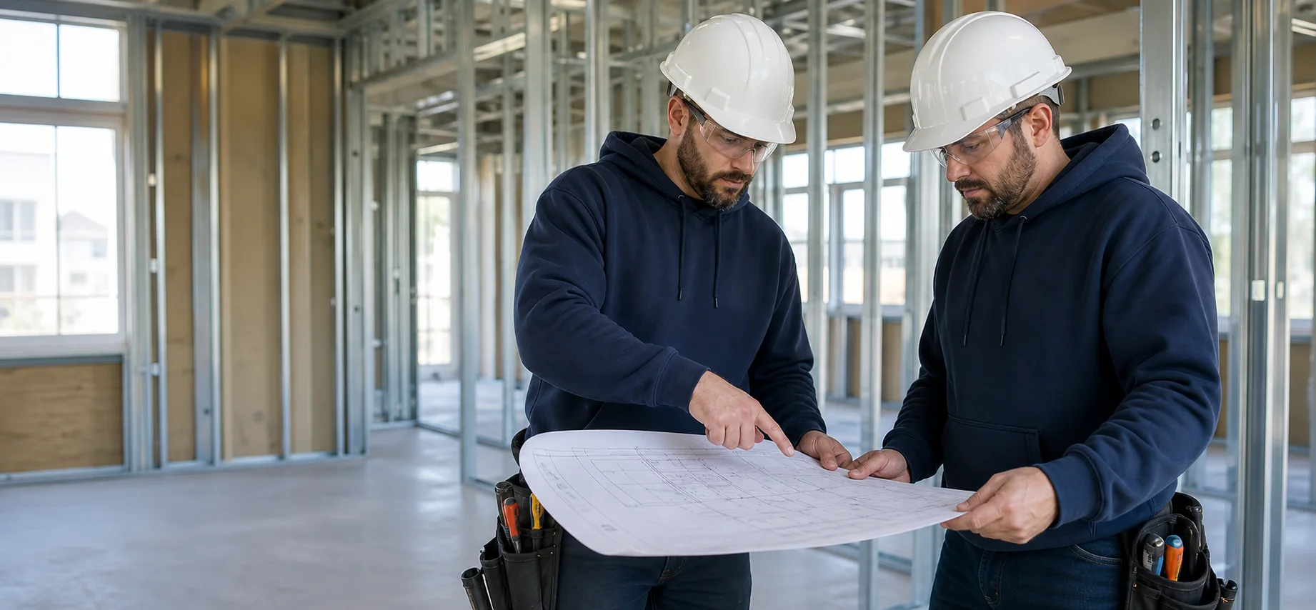 Two electricians reviewing plans inside a new construction project