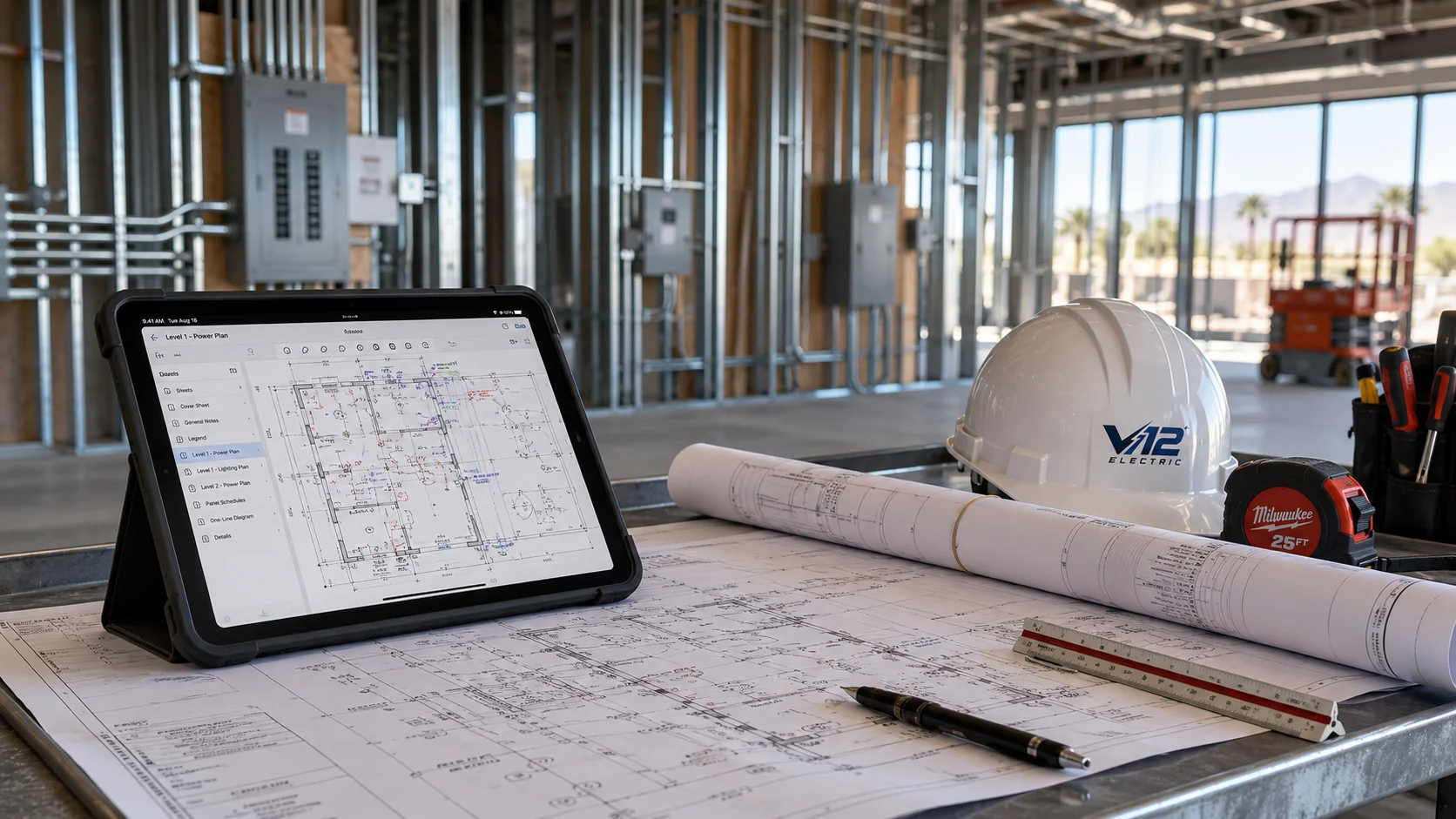 Tablet displaying an electrical power plan on a construction site table with blueprints and a hard hat
