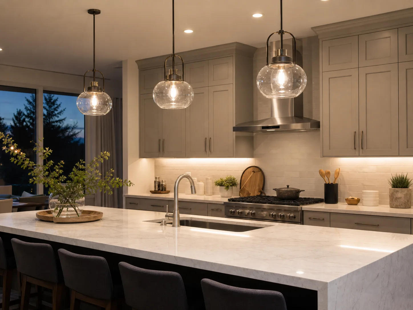 Layered pendant and task lighting in a contemporary kitchen