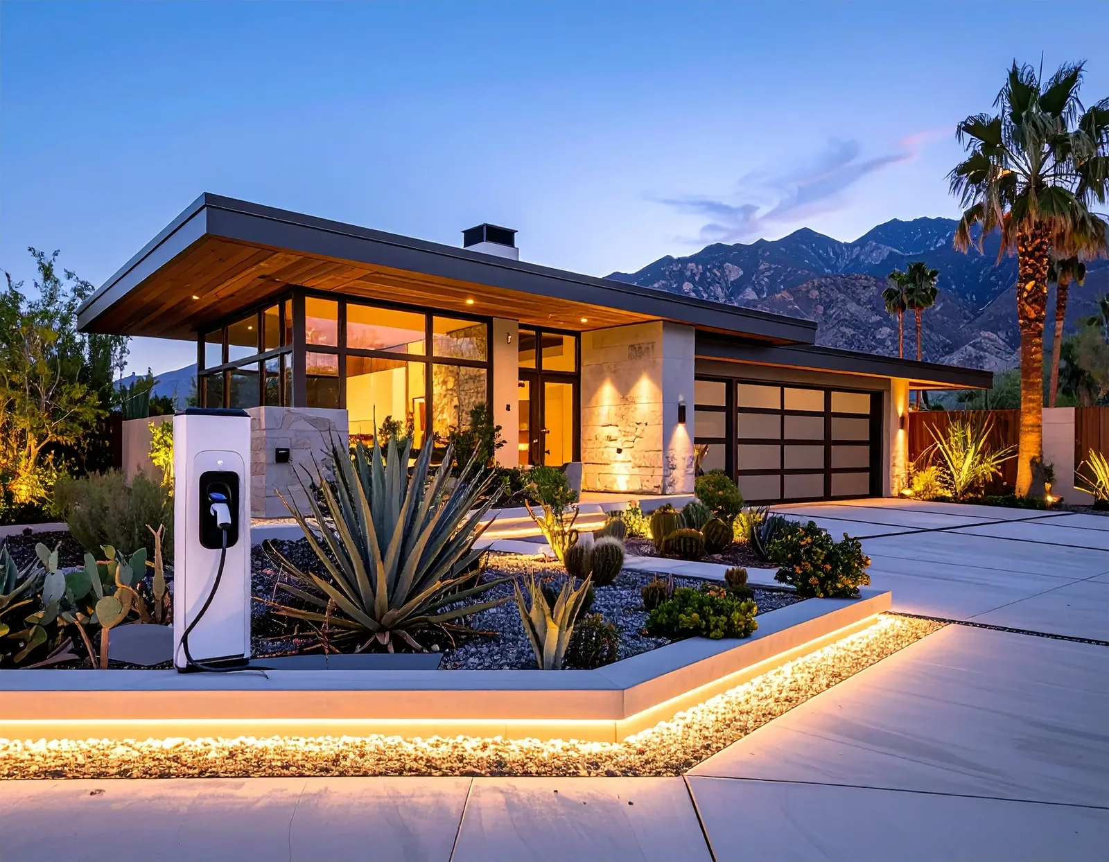Modern desert home at dusk with facade, step, and landscape lighting and an EV charging pedestal