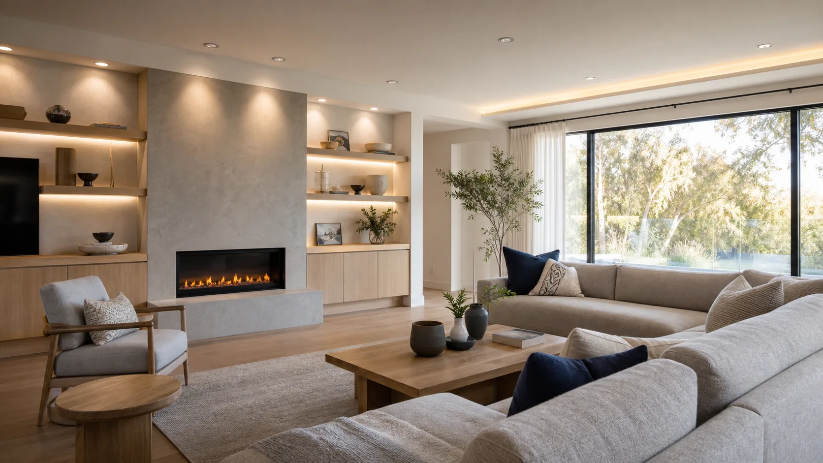 Contemporary living room with integrated architectural lighting